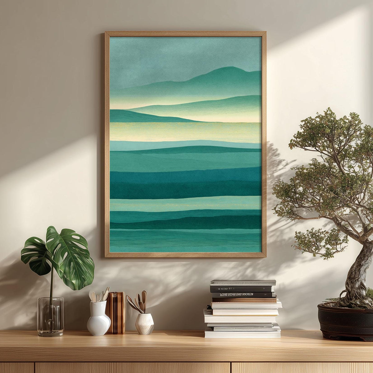 Teal Mountain Landscape Print, Abstract Green Lake Wall Art, Calm Nature Decor