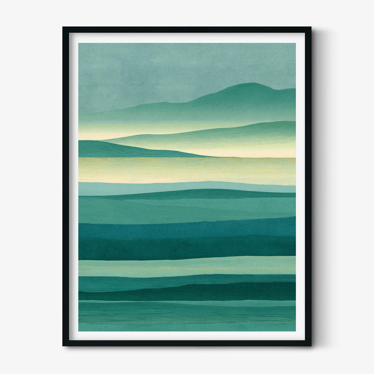 Teal Mountain Landscape Print, Abstract Green Lake Wall Art, Calm Nature Decor