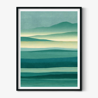 Teal Mountain Landscape Print, Abstract Green Lake Wall Art, Calm Nature Decor