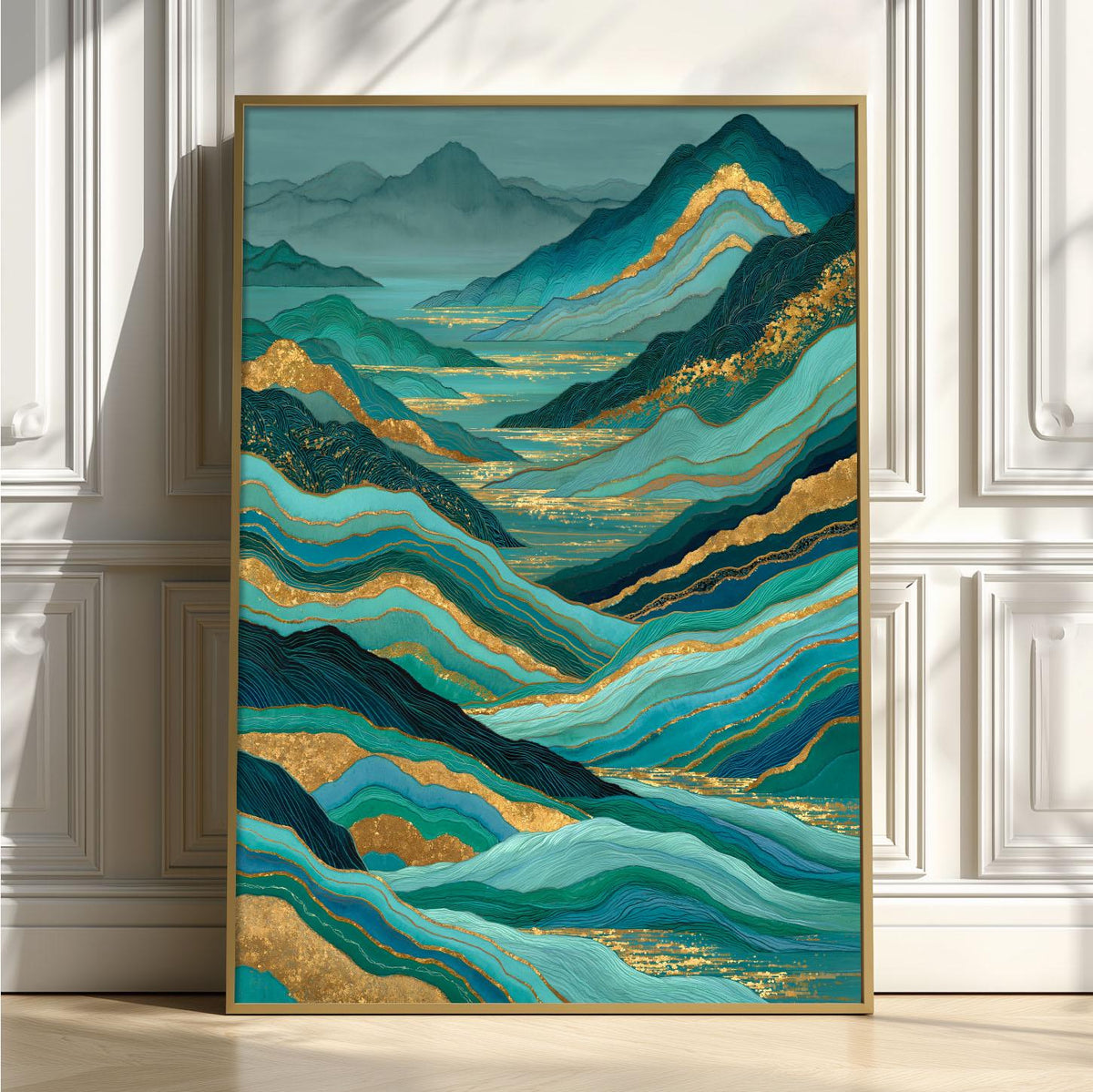 Teal Gold Abstract Mountain Wall Art, Landscape Poster Print, Green Lake Decor