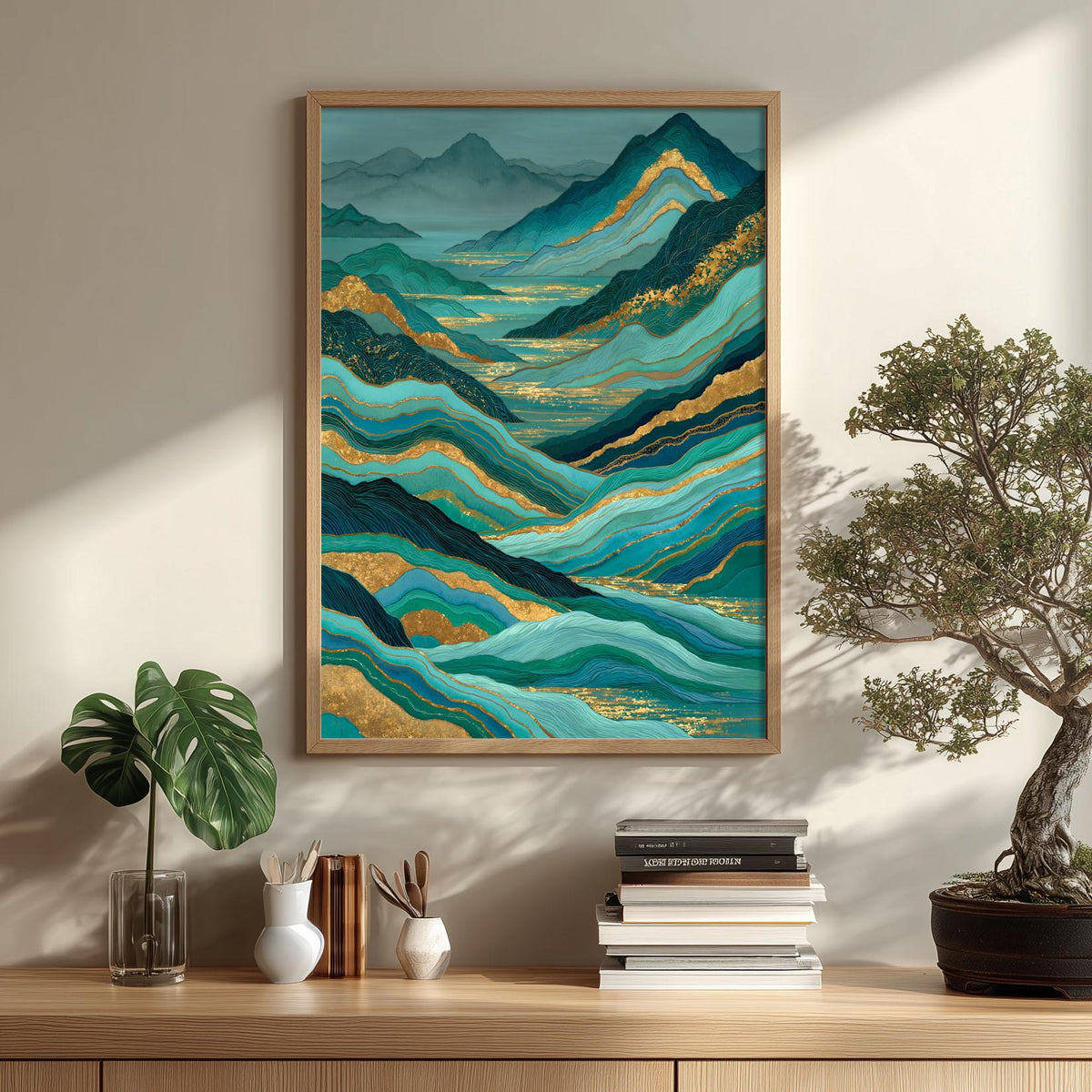 Teal Gold Abstract Mountain Wall Art, Landscape Poster Print, Green Lake Decor