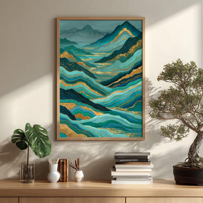 Teal Gold Abstract Mountain Wall Art, Landscape Poster Print, Green Lake Decor