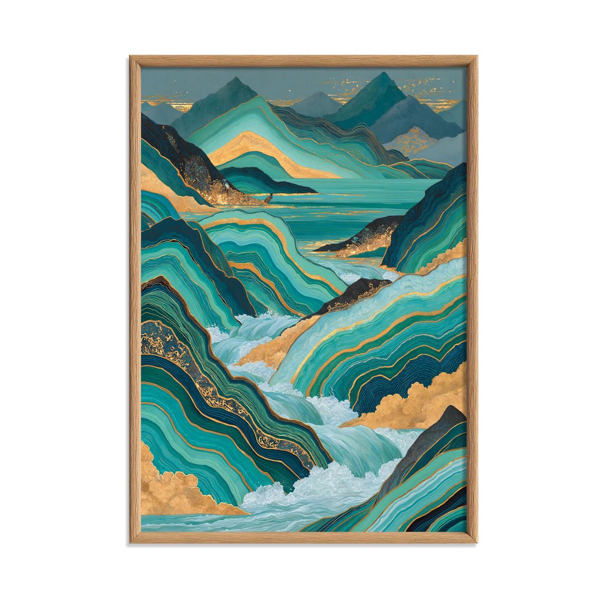 Gold Teal Landscape Poster Print, Abstract Mountain Wall Art, Lake Picture, Living Room Decor