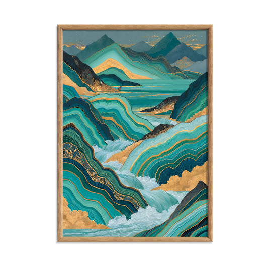 Gold Teal Landscape Poster Print, Abstract Mountain Wall Art, Lake Picture, Living Room Decor