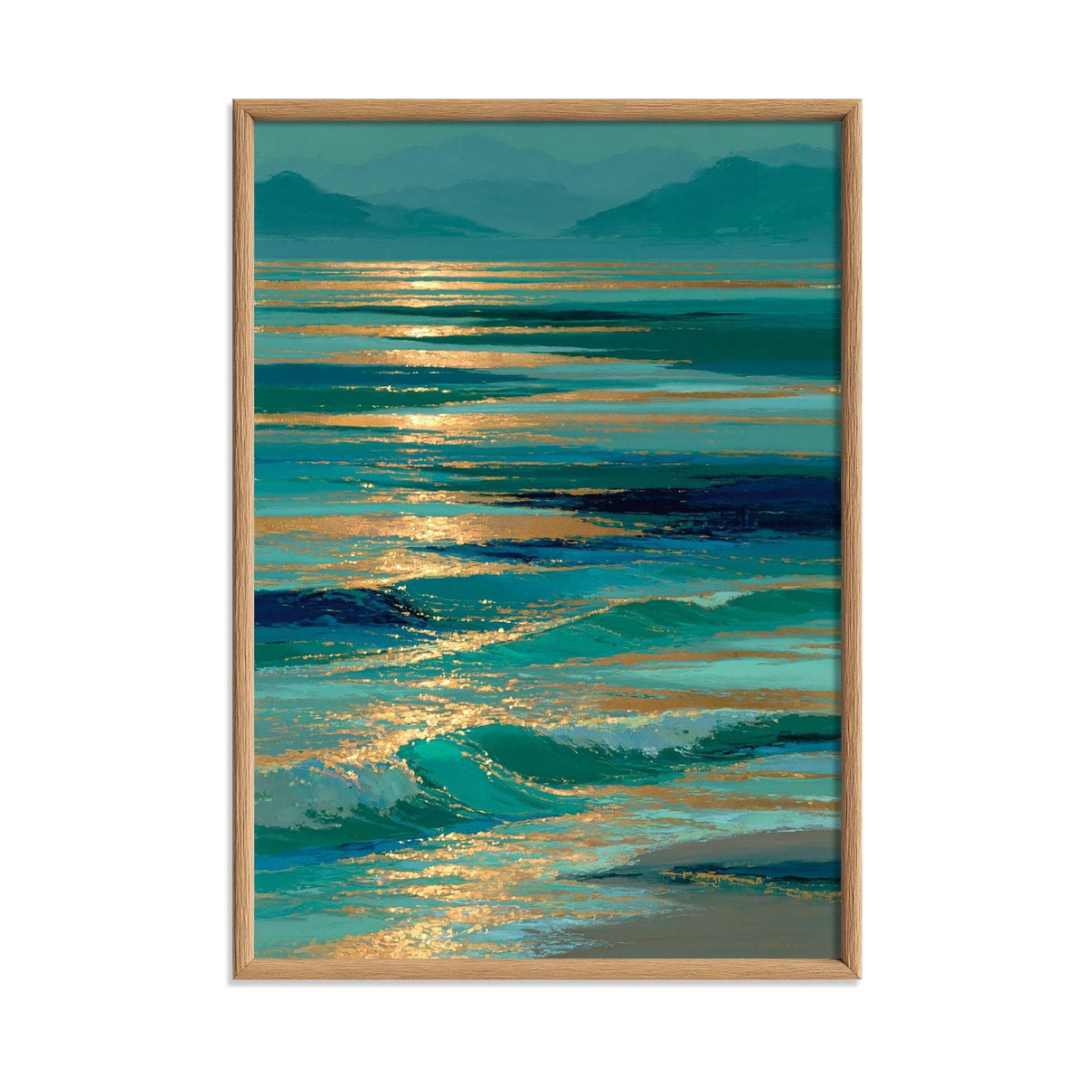 Coastal Seascape Wall Art, Teal Ocean Poster Print, Gold Sunset Picture, Beach House Decor