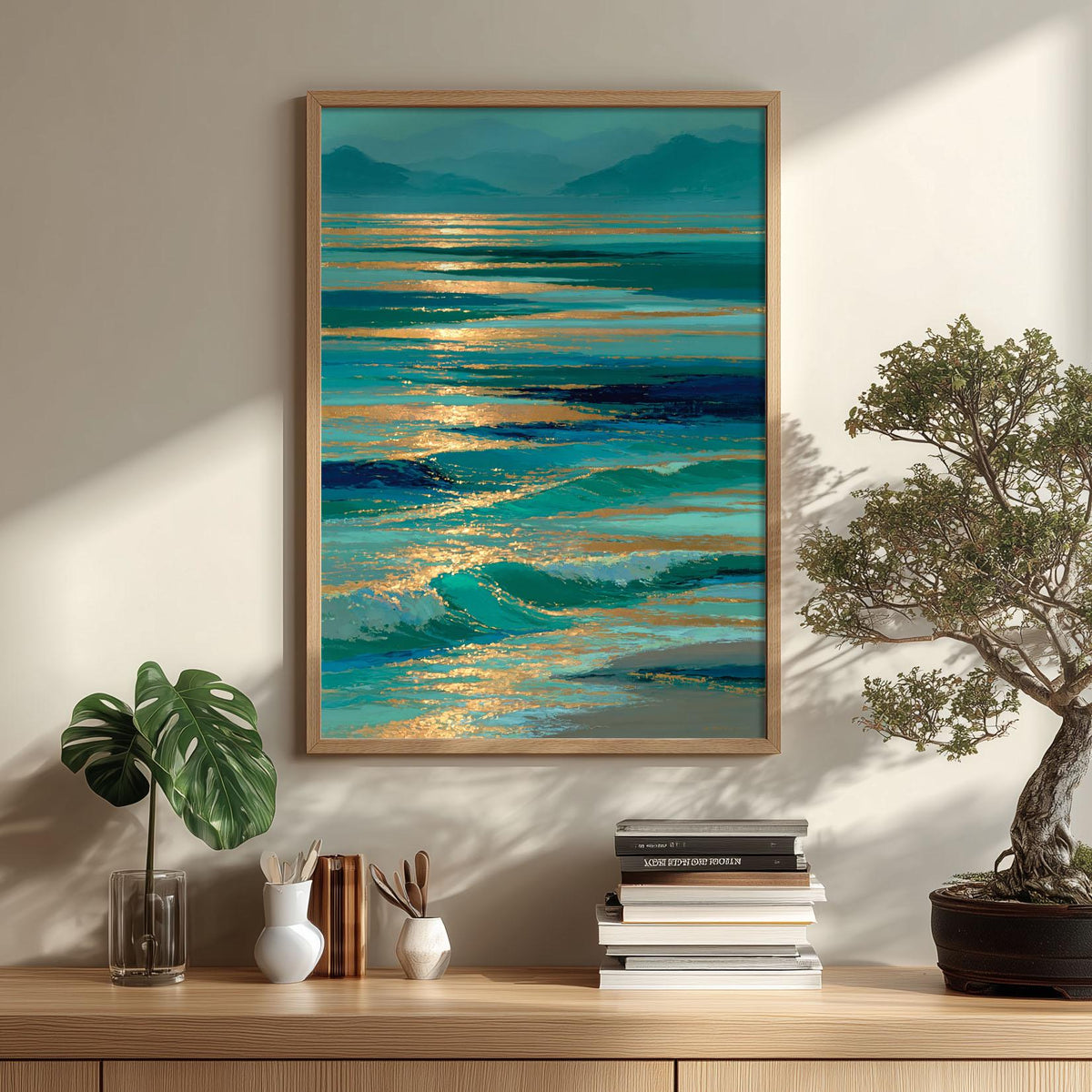 Coastal Seascape Wall Art, Teal Ocean Poster Print, Gold Sunset Picture, Beach House Decor
