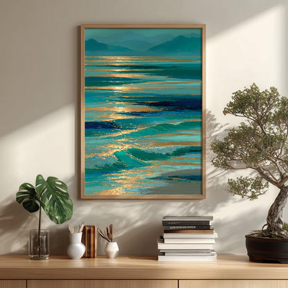 Coastal Seascape Wall Art, Teal Ocean Poster Print, Gold Sunset Picture, Beach House Decor