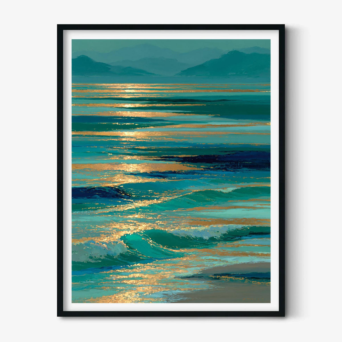 Coastal Seascape Wall Art, Teal Ocean Poster Print, Gold Sunset Picture, Beach House Decor