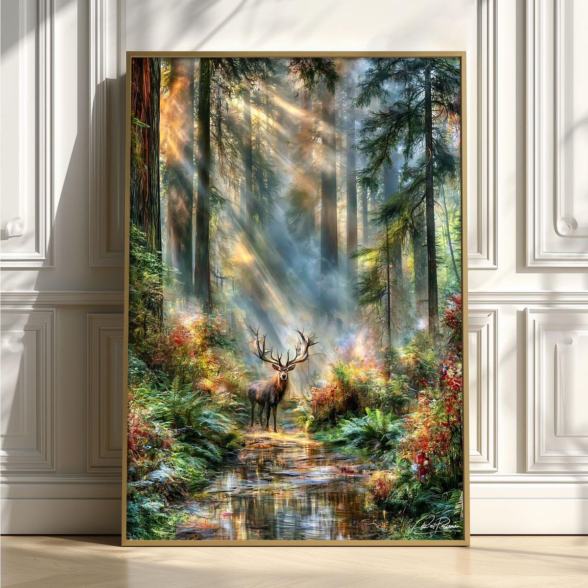Majestic Stag Woodland Poster, Sunlight Forest Wall Art, Nature Scene Print