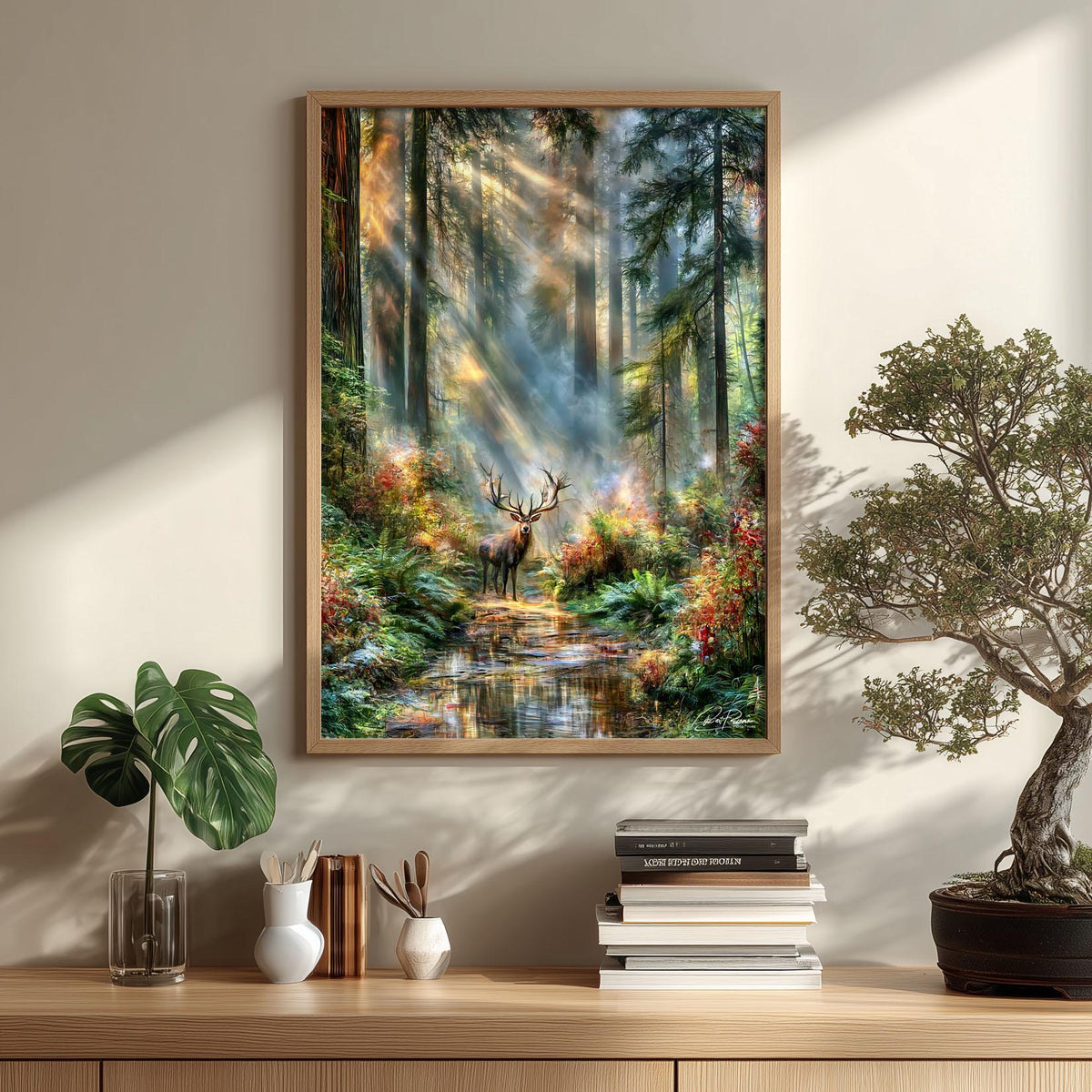 Majestic Stag Woodland Poster, Sunlight Forest Wall Art, Nature Scene Print