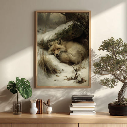 Sleeping Fox Poster Print, Winter Wildlife Wall Art, Snowy Woodland Picture, Cabin Decor