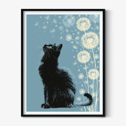 Black Cat Dandelion Print, Whimsical Feline Wall Art, Blue Floral Decor