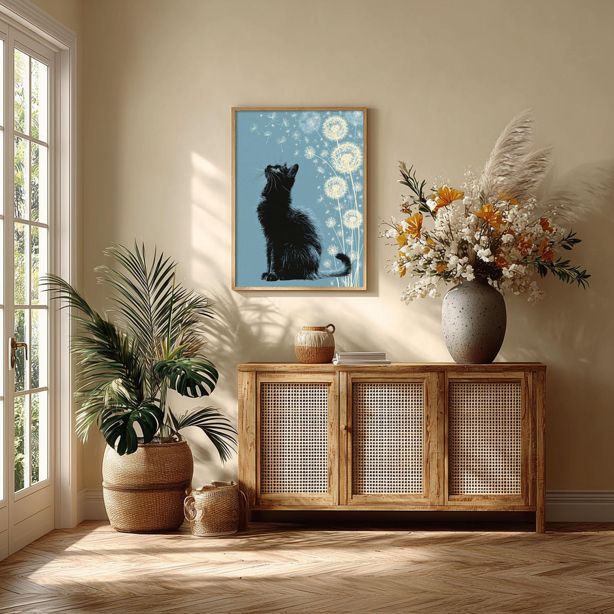 Black Cat Dandelion Print, Whimsical Feline Wall Art, Blue Floral Decor