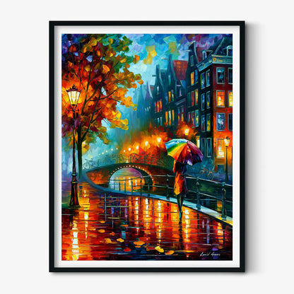 Amsterdam Canal Wall Art, Rainy Street Poster Print, Colourful Umbrella Picture, Travel Room Decor