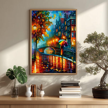 Amsterdam Canal Wall Art, Rainy Street Poster Print, Colourful Umbrella Picture, Travel Room Decor