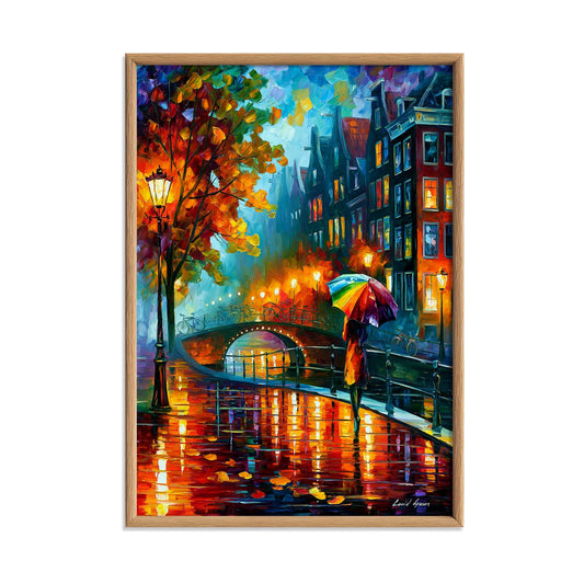 Amsterdam Canal Wall Art, Rainy Street Poster Print, Colourful Umbrella Picture, Travel Room Decor