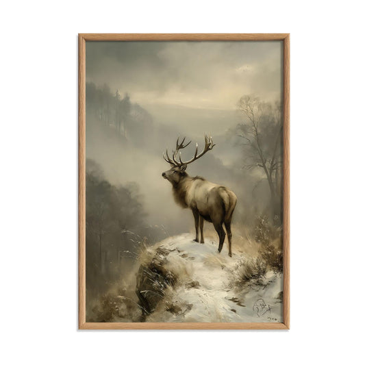 Winter Stag Wall Art, Snowy Deer Poster Print, Mountain Wildlife Picture, Rustic Cabin Decor