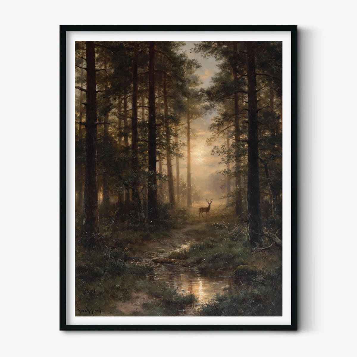 Deer Forest Wall Art Print, Misty Woodland Landscape, Rustic Cabin Decor