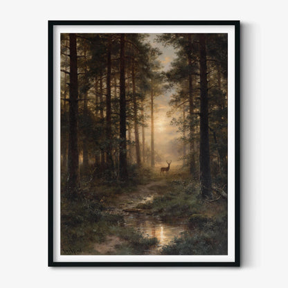 Deer Forest Wall Art Print, Misty Woodland Landscape, Rustic Cabin Decor
