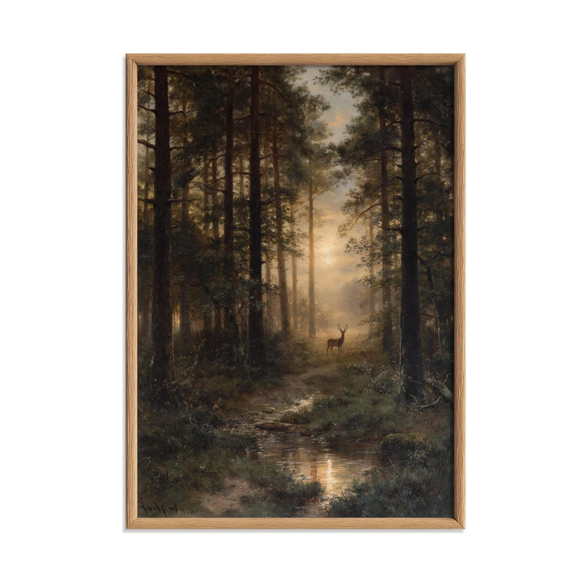 Deer Forest Wall Art Print, Misty Woodland Landscape, Rustic Cabin Decor