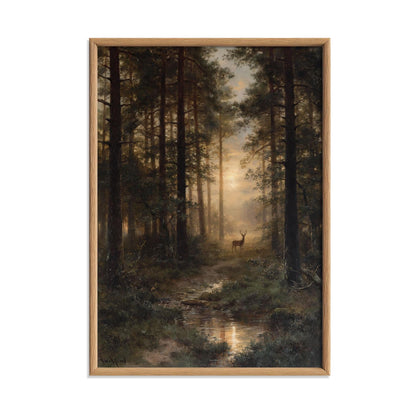 Deer Forest Wall Art Print, Misty Woodland Landscape, Rustic Cabin Decor
