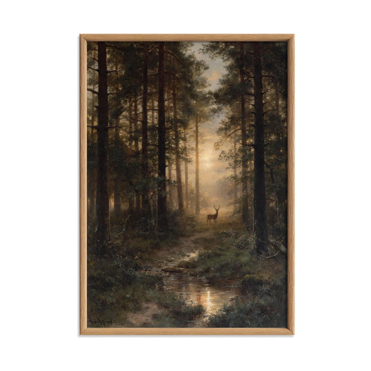 Deer Forest Wall Art Print, Misty Woodland Landscape, Rustic Cabin Decor