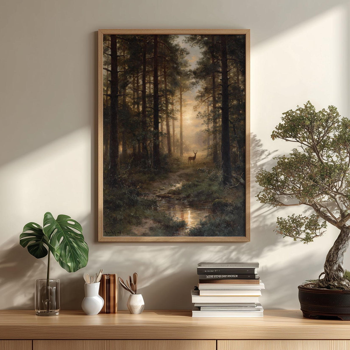 Deer Forest Wall Art Print, Misty Woodland Landscape, Rustic Cabin Decor