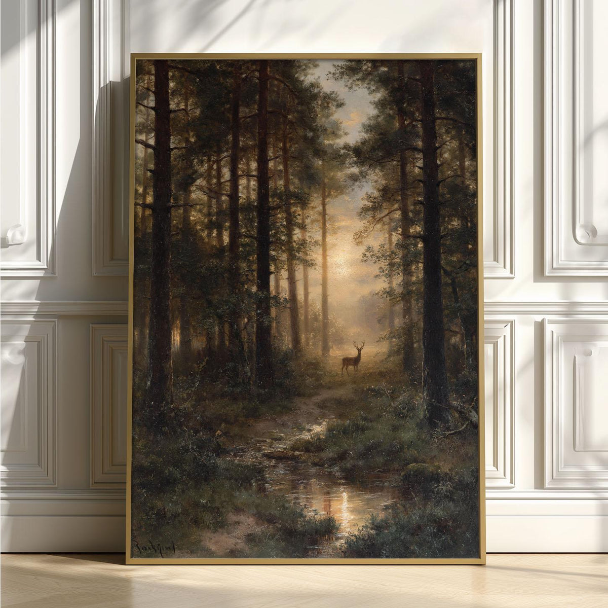 Deer Forest Wall Art Print, Misty Woodland Landscape, Rustic Cabin Decor