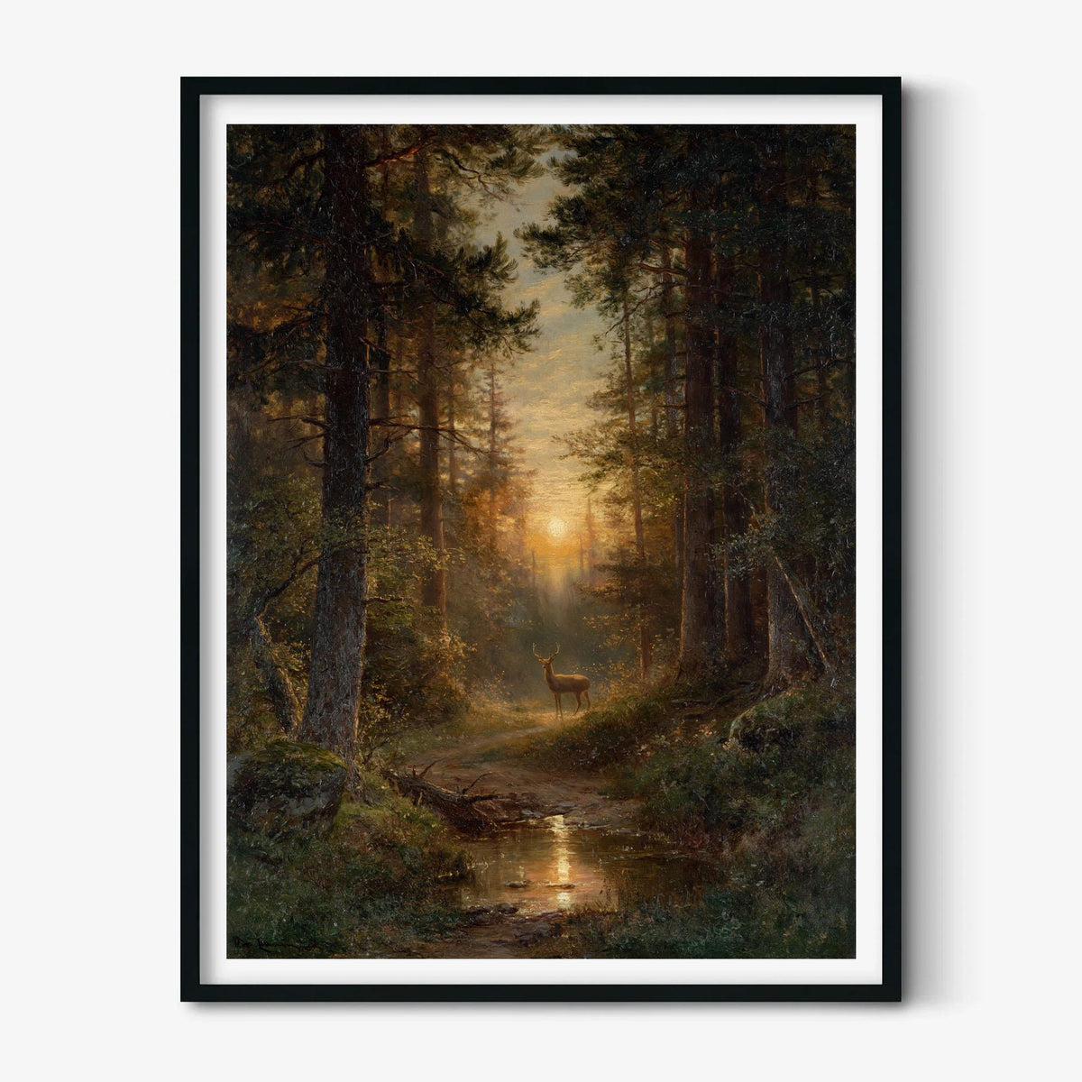 Forest Sunset Wall Art, Deer Woodland Poster Print, Stream Landscape Picture, Rustic Cabin Decor