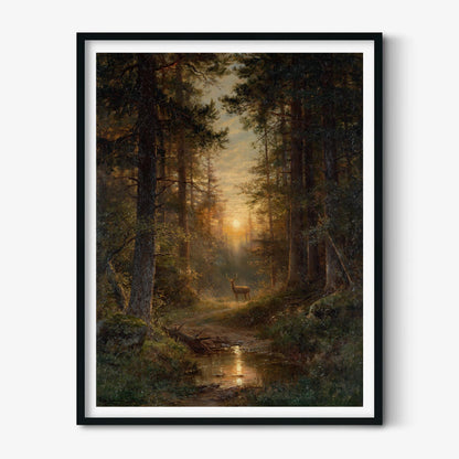 Forest Sunset Wall Art, Deer Woodland Poster Print, Stream Landscape Picture, Rustic Cabin Decor