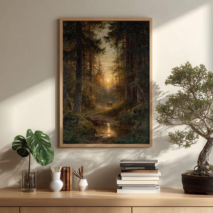 Forest Sunset Wall Art, Deer Woodland Poster Print, Stream Landscape Picture, Rustic Cabin Decor