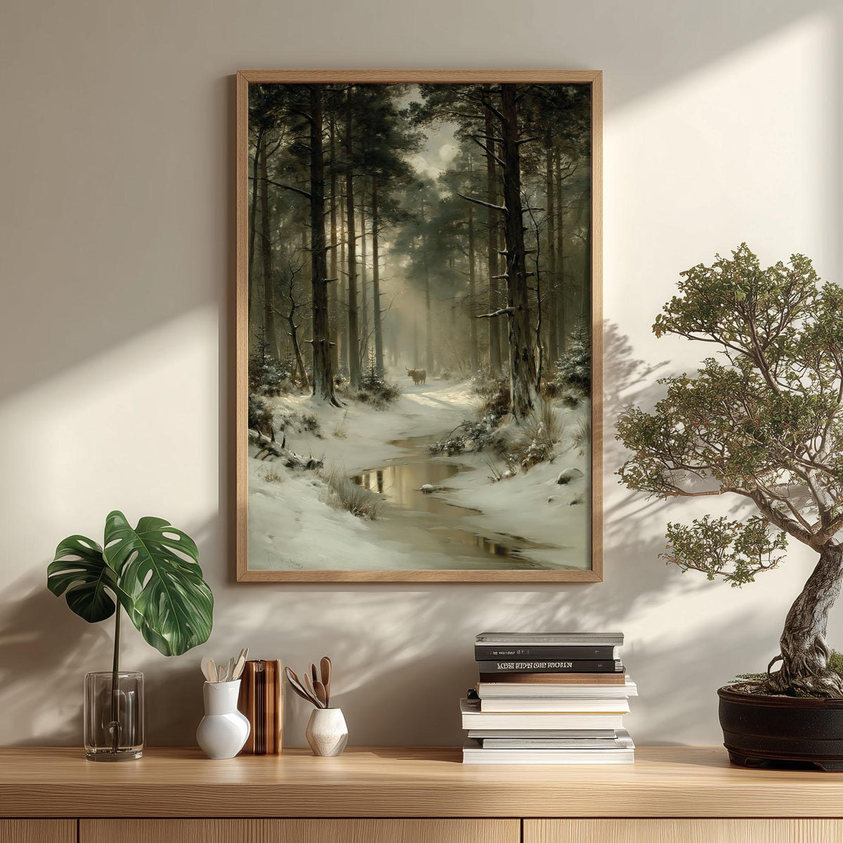 Highland Cow Winter Forest Art, Snowy Woodland Landscape Print, Rustic Cabin Decor