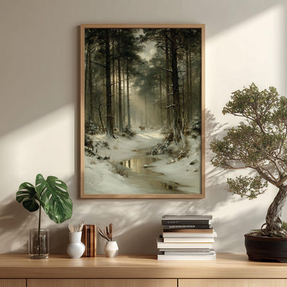 Highland Cow Winter Forest Art, Snowy Woodland Landscape Print, Rustic Cabin Decor