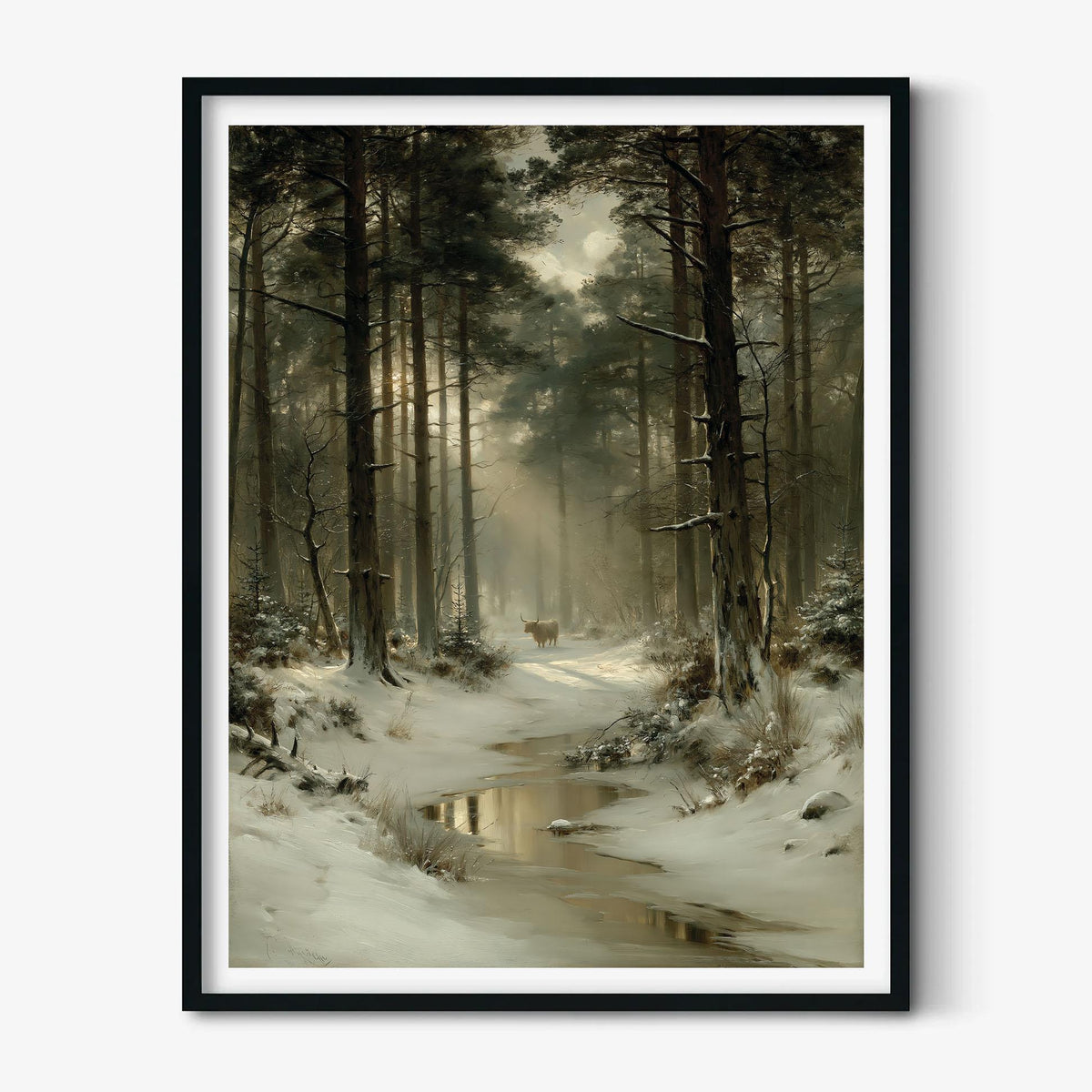Highland Cow Winter Forest Art, Snowy Woodland Landscape Print, Rustic Cabin Decor