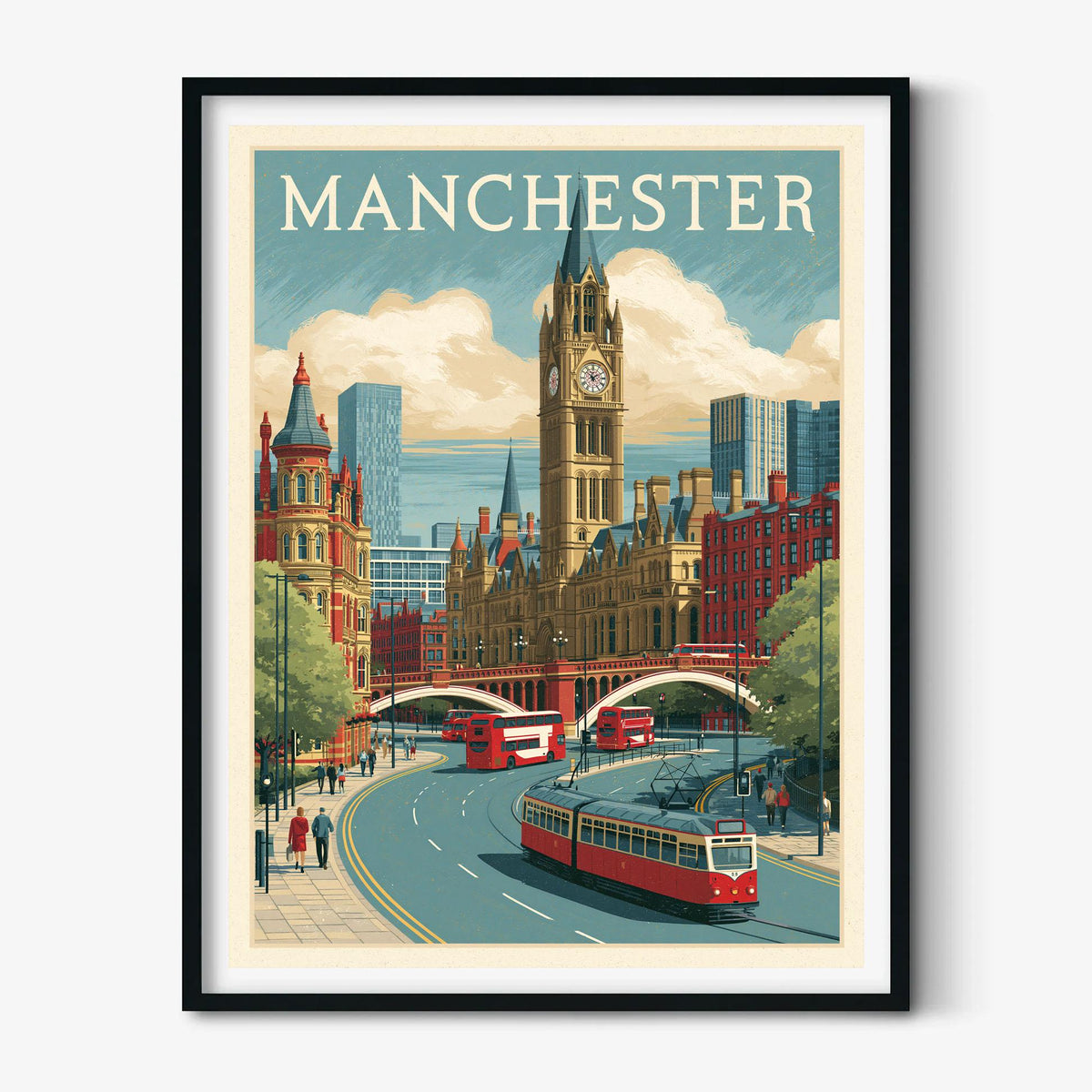 Manchester Travel Poster Print, UK City Wall Art, Red Tram Picture, Manchester City Centre Decor