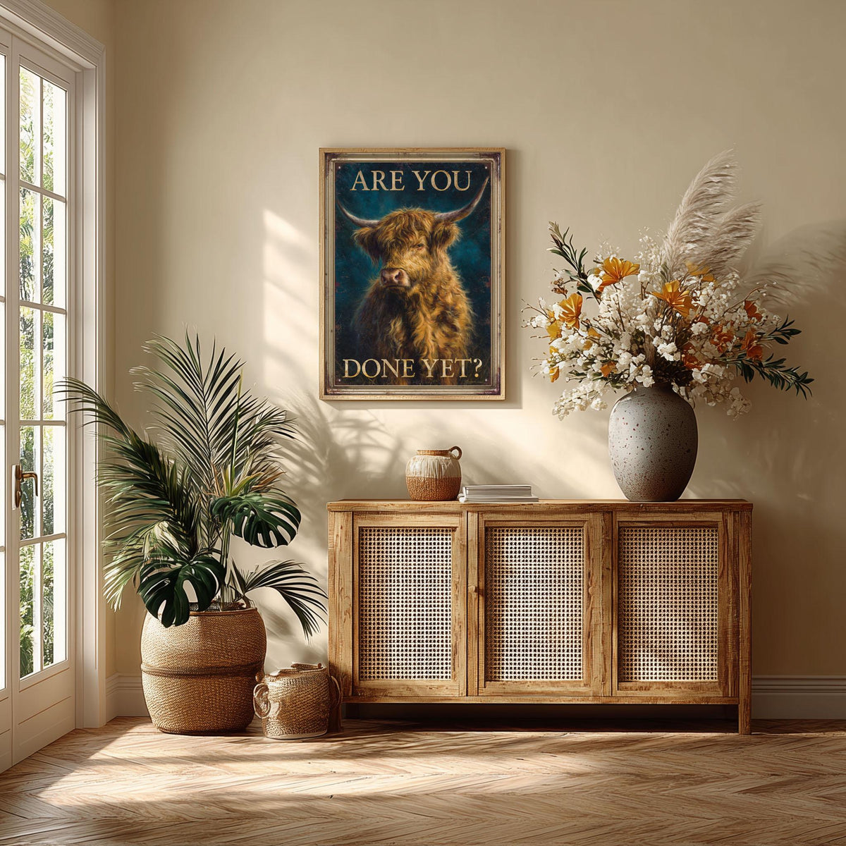 Funny Highland Cow Poster Print, Are You Done Yet Quote, Scottish Cow Wall Art, Farmhouse Kitchen Decor