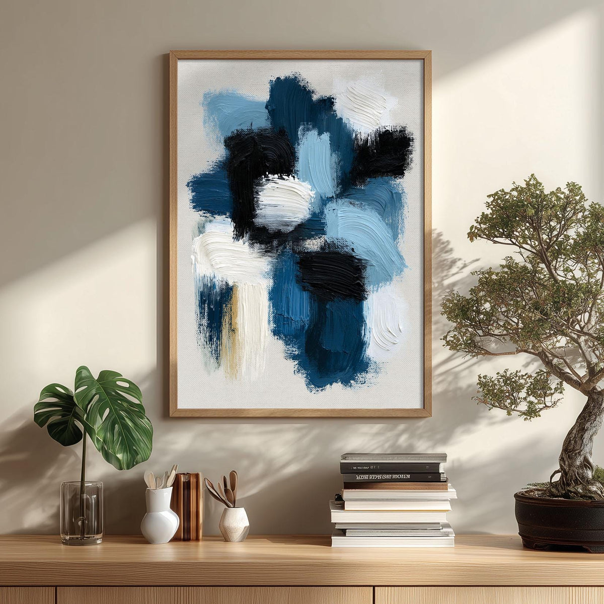 Blue Abstract Wall Art, Navy Brushstroke Poster Print, Black White Picture, Living Room Decor