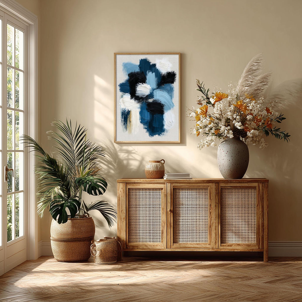 Blue Abstract Wall Art, Navy Brushstroke Poster Print, Black White Picture, Living Room Decor