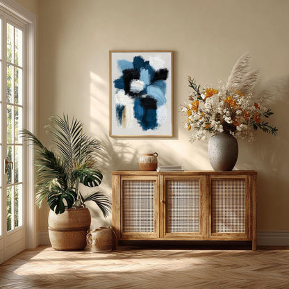 Blue Abstract Wall Art, Navy Brushstroke Poster Print, Black White Picture, Living Room Decor