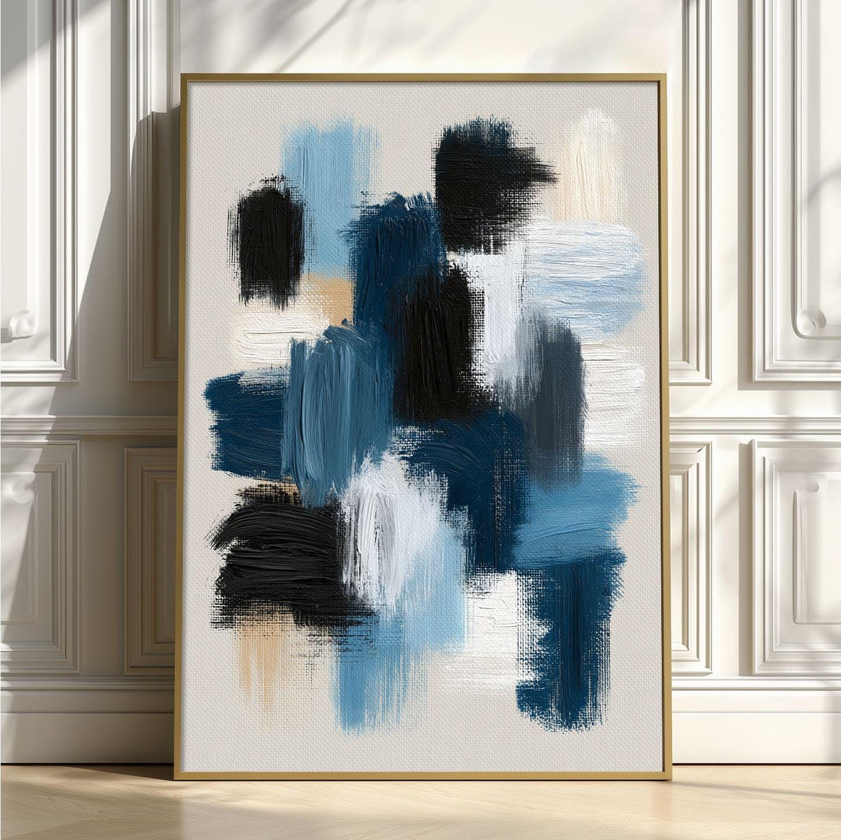 Navy Blue Abstract Brushstroke Print, Canvas Style Wall Art, Modern Living Room Decor