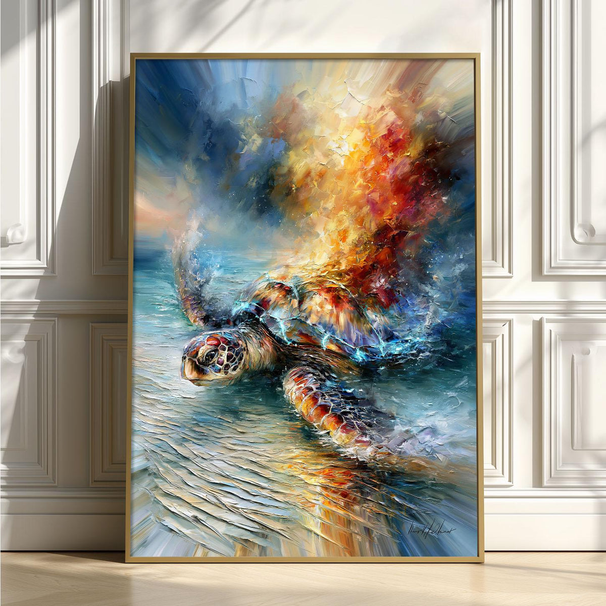 Vibrant Sea Turtle Oil Painting, Ocean Wildlife Wall Art, Coastal Beach House Decor