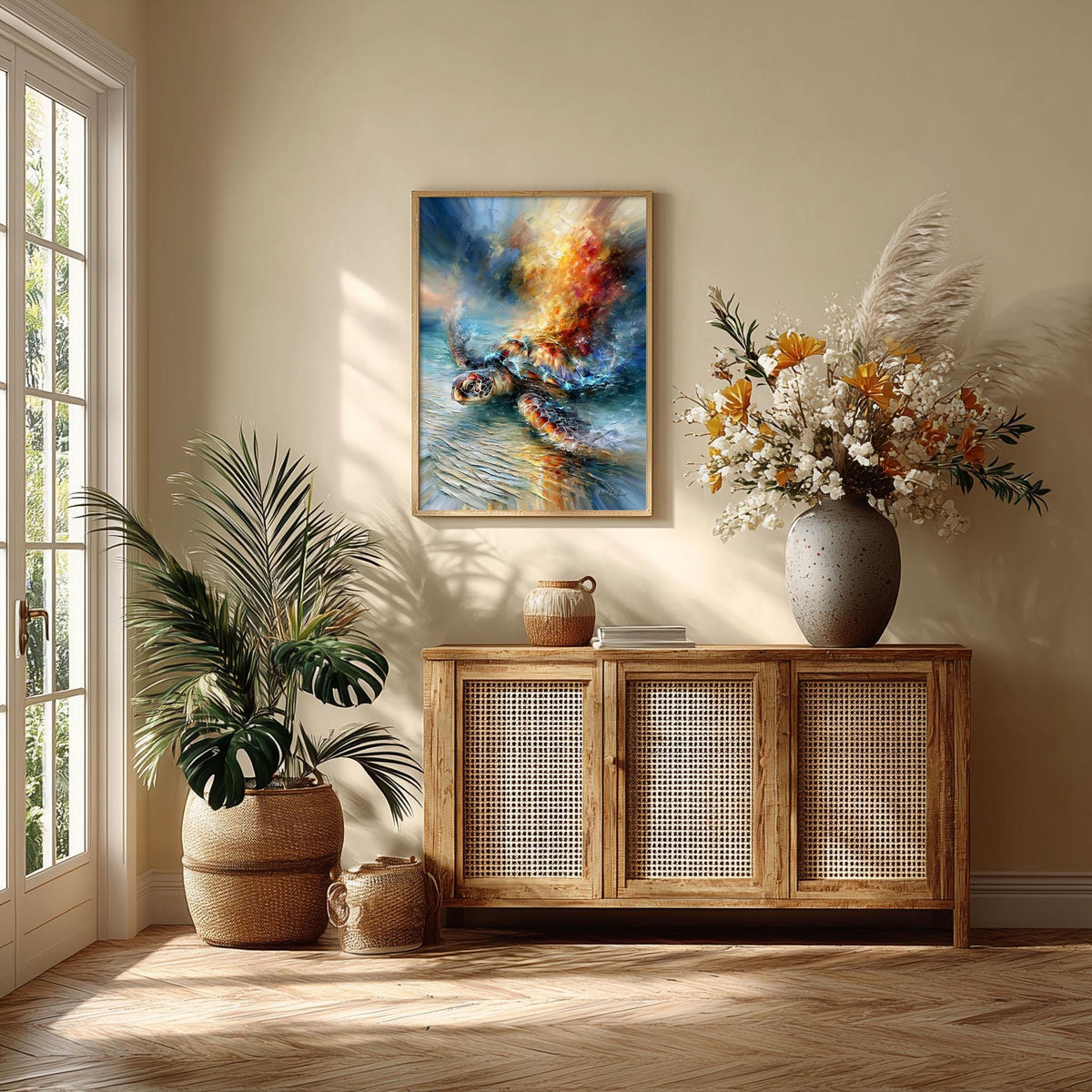 Vibrant Sea Turtle Oil Painting, Ocean Wildlife Wall Art, Coastal Beach House Decor