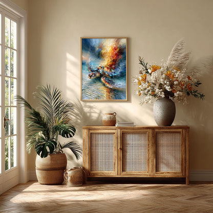 Vibrant Sea Turtle Oil Painting, Ocean Wildlife Wall Art, Coastal Beach House Decor
