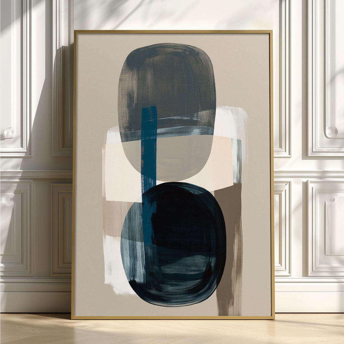 Abstract Navy Blue Shape Print, Neutral Geometric Wall Art, Minimalist Living Room Decor