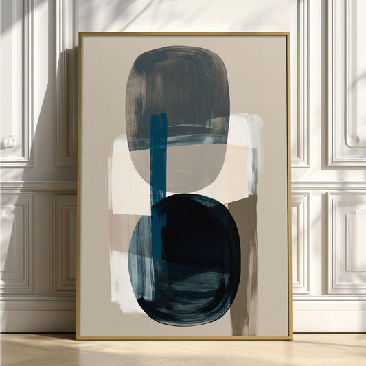 Abstract Navy Blue Shape Print, Neutral Geometric Wall Art, Minimalist Living Room Decor
