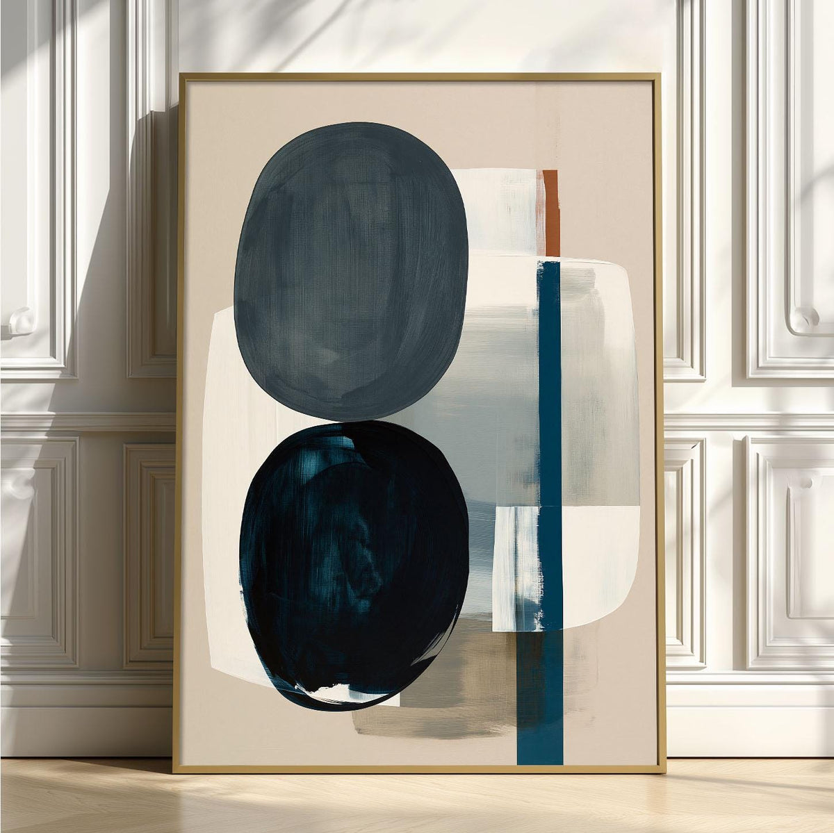 Minimalist Shape Poster Print, Navy Abstract Wall Art, Neutral Blue Picture, Living Room Decor