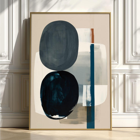 Minimalist Shape Poster Print, Navy Abstract Wall Art, Neutral Blue Picture, Living Room Decor