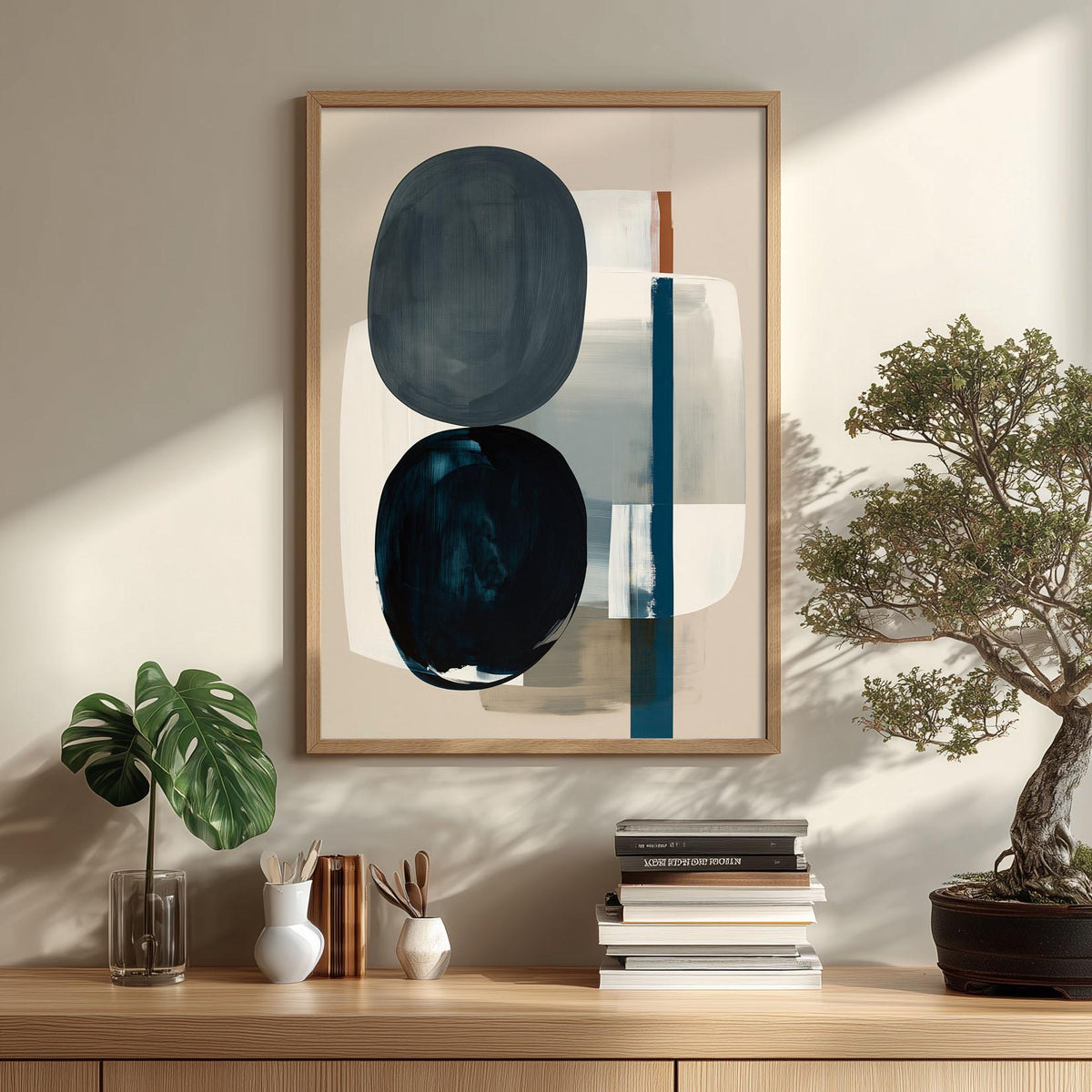 Minimalist Shape Poster Print, Navy Abstract Wall Art, Neutral Blue Picture, Living Room Decor