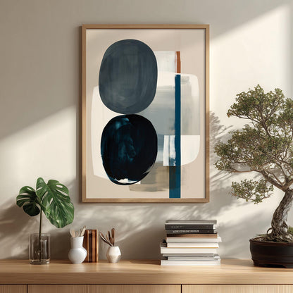 Minimalist Shape Poster Print, Navy Abstract Wall Art, Neutral Blue Picture, Living Room Decor