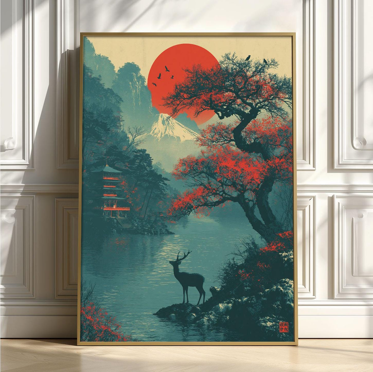 Mount Fuji Poster Print, Japanese Deer Wall Art, Red Sun Lake Picture, Pagoda Landscape Decor